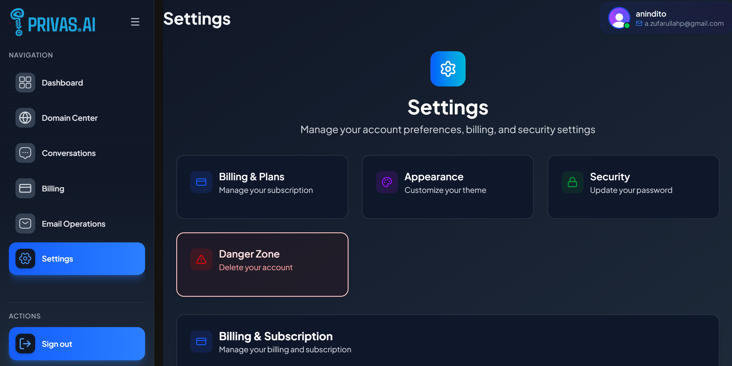Account settings with Billing, Appearance, and account options