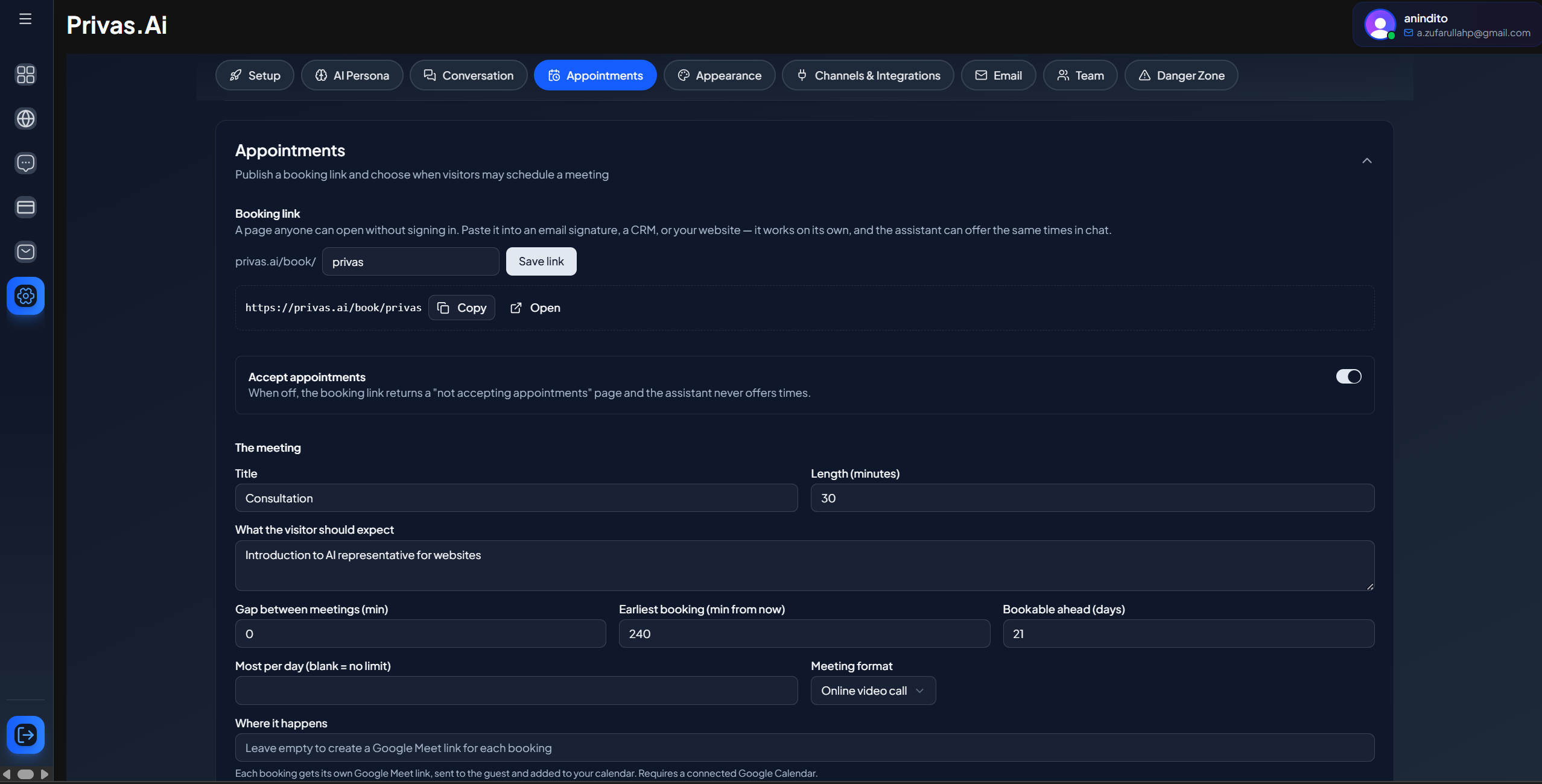 SCREENSHOT: Appointments card with the booking link, the Accept appointments switch, and the meeting fields