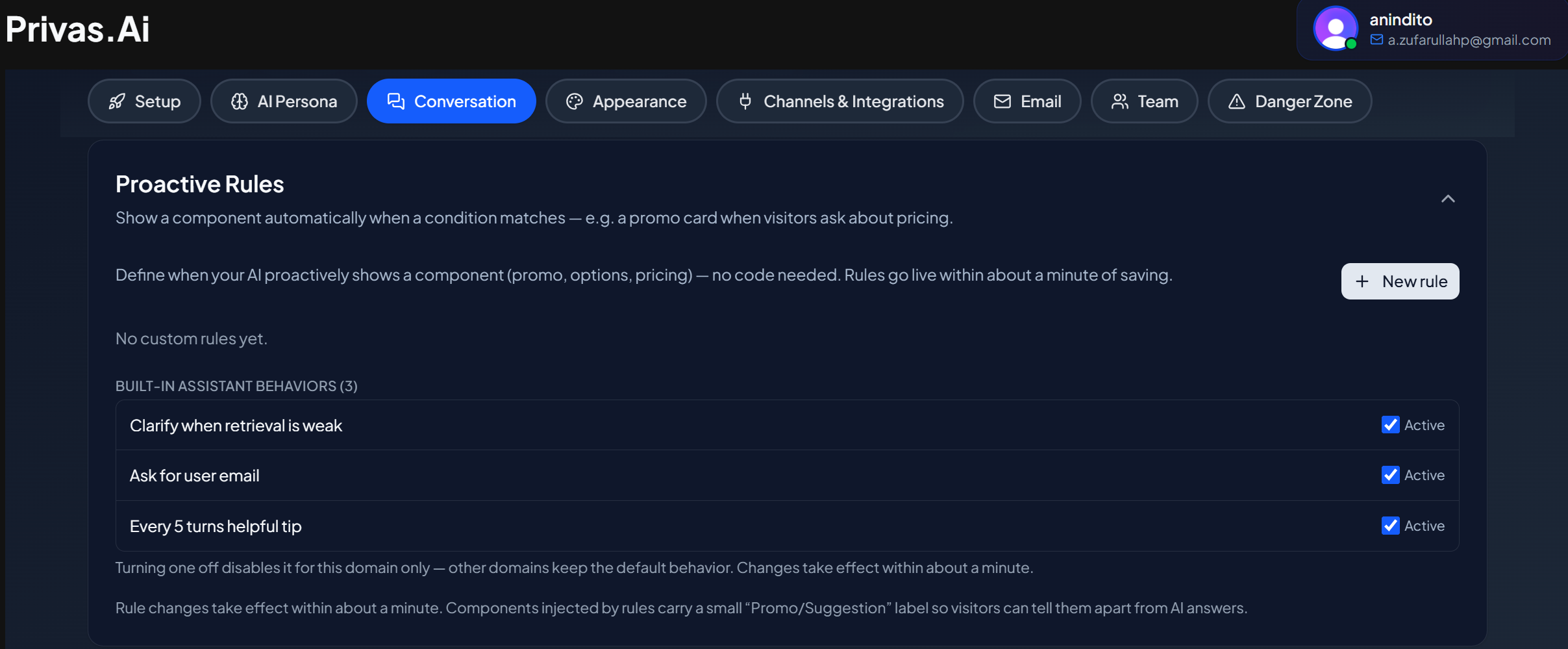 Proactive Rules builder with a condition, a component, and the live preview