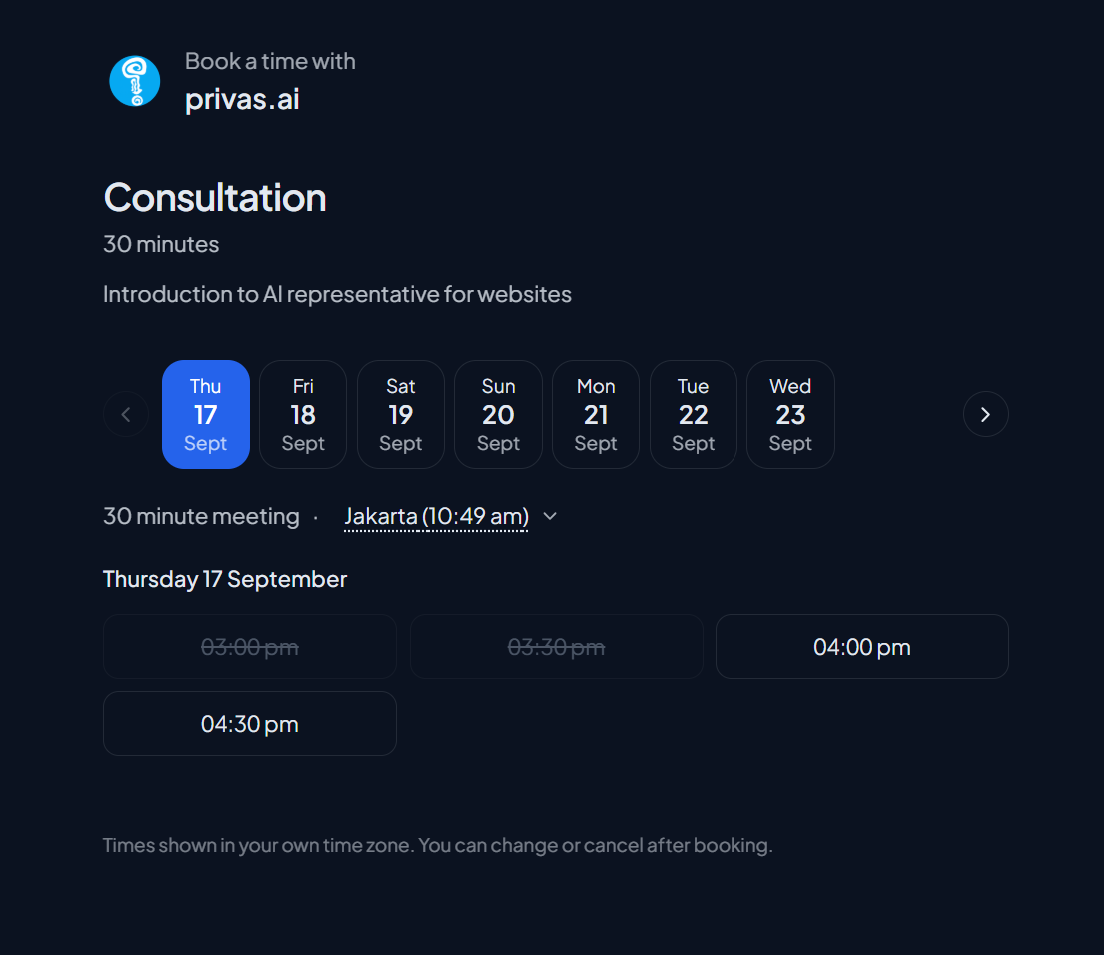 SCREENSHOT: Public booking page with the day list, time slots, and time zone selector