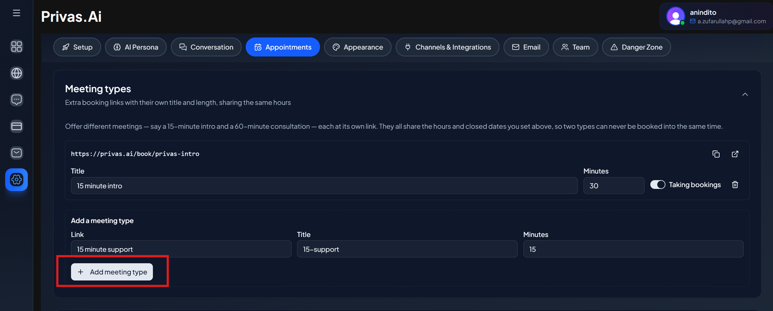 SCREENSHOT: Meeting types card with one extra type and the Add a meeting type form