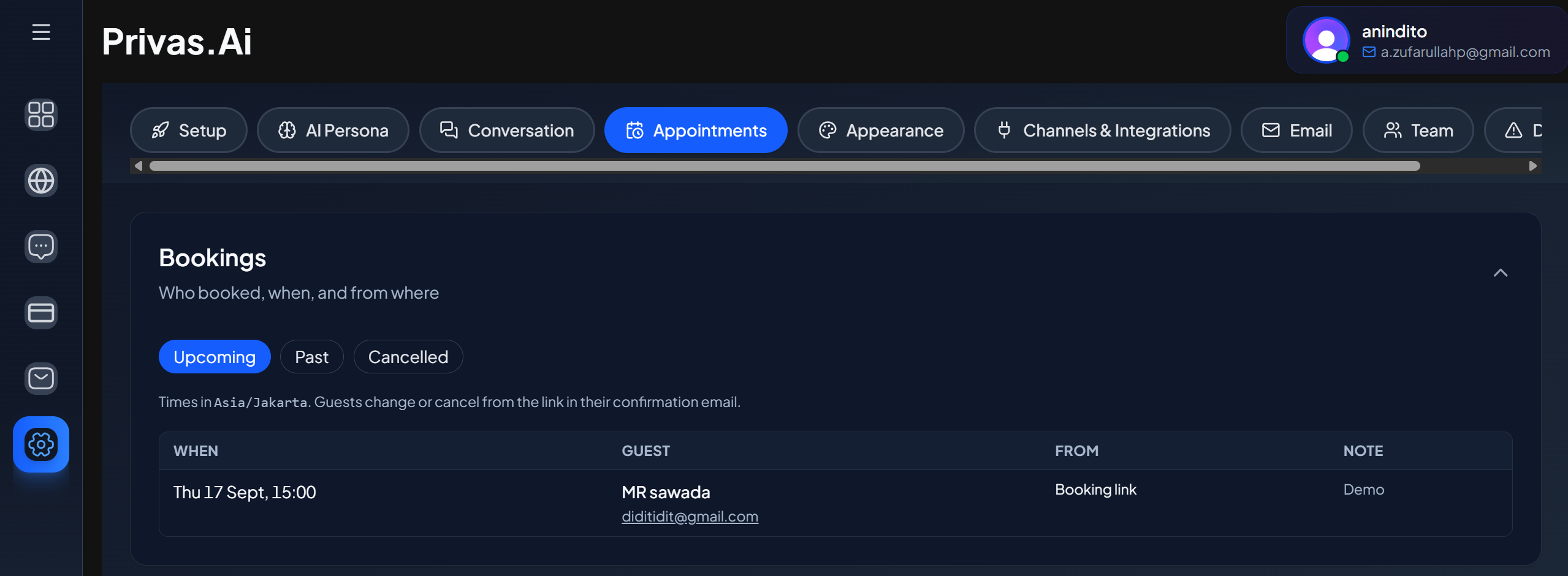 SCREENSHOT: Bookings card with the Upcoming tab and a list of bookings
