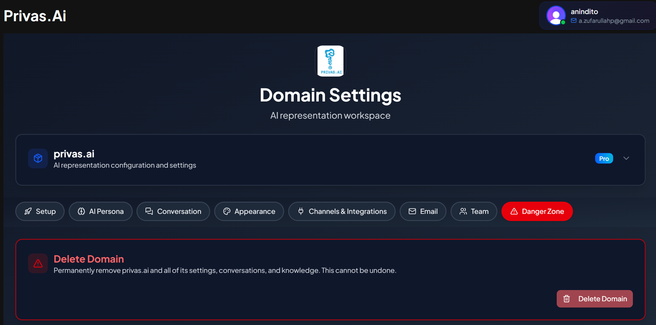 Danger Zone with the Delete Domain confirmation