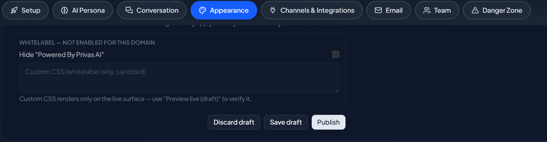 Whitelabel options with the powered-by toggle and custom styling
