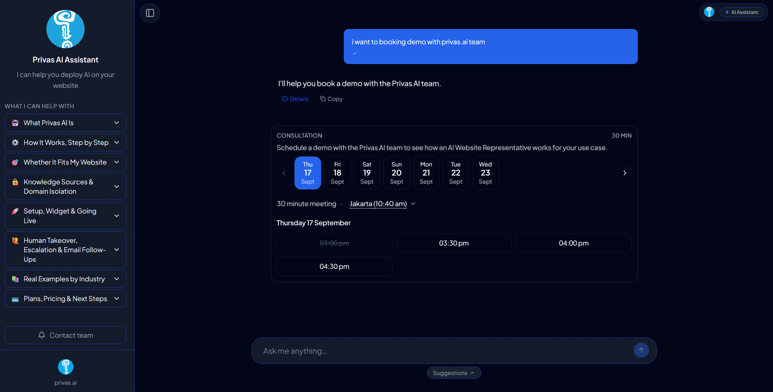 SCREENSHOT: Appointment picker inside a share-link conversation, with a day and time selected