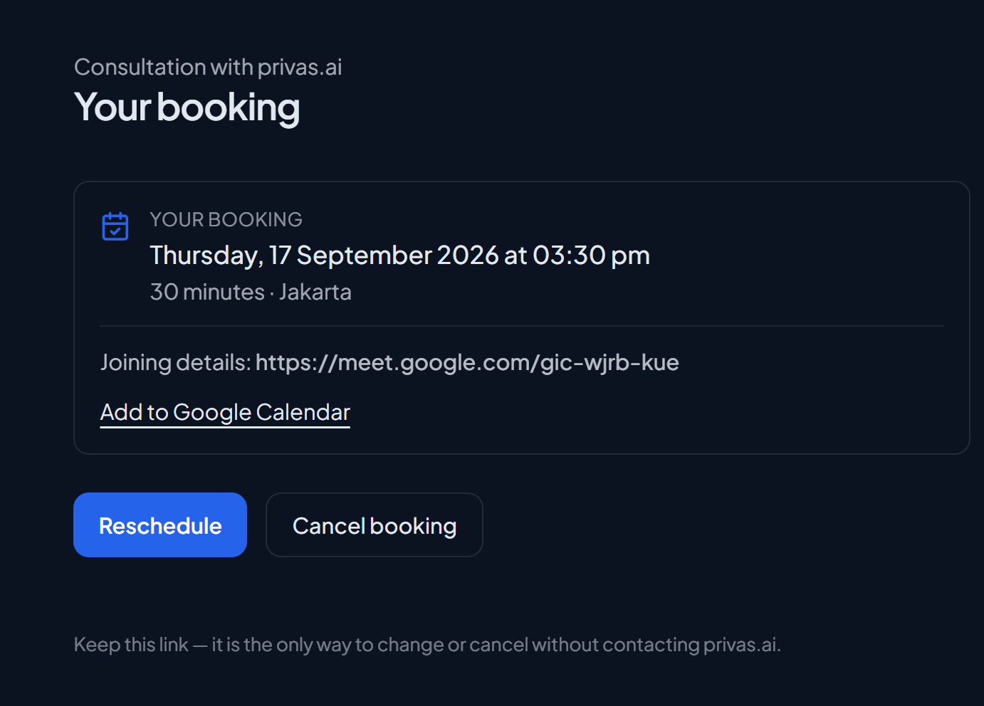 SCREENSHOT: Guest booking page with the booking details and the Reschedule and Cancel buttons
